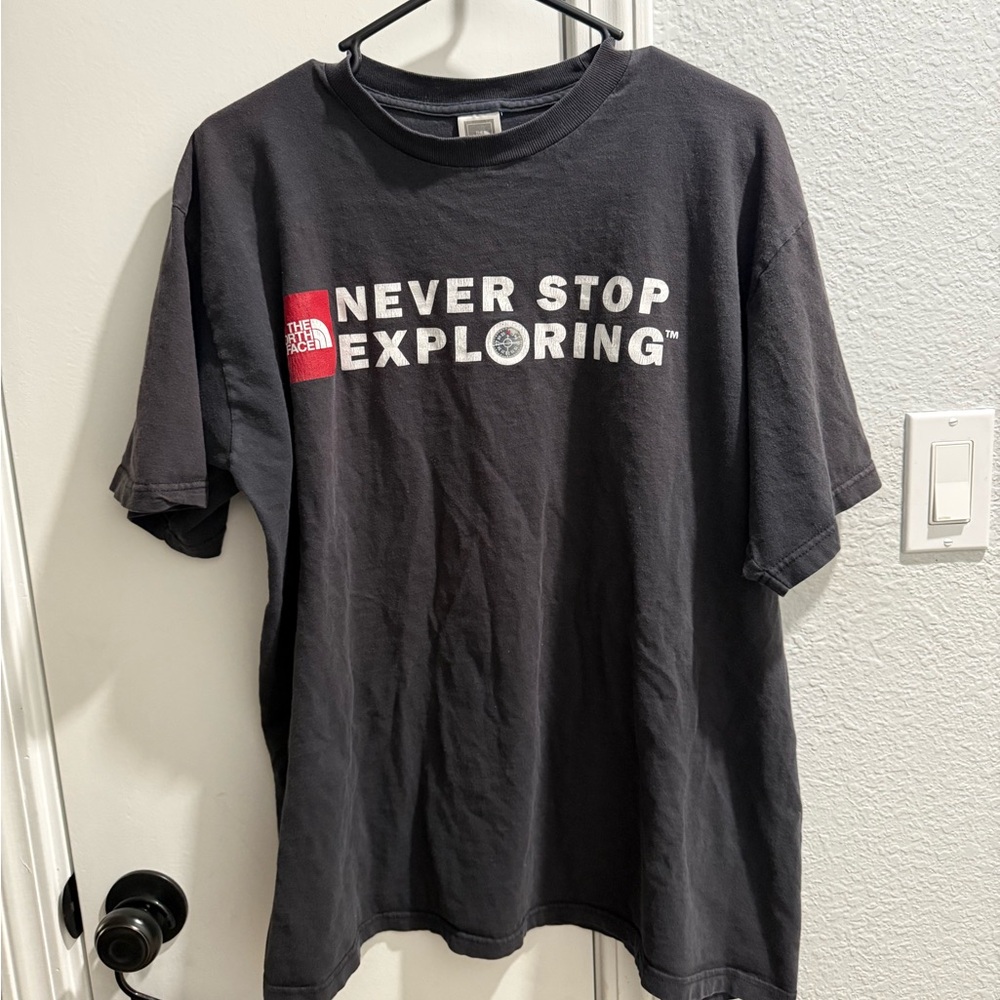 The North Face Charcoal Tee with Red and White Logo